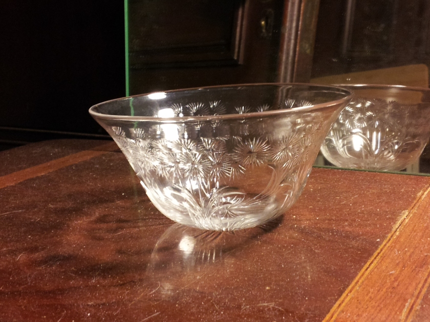 American Brilliant Period hand cut crystal bowl with floral decoration. $2